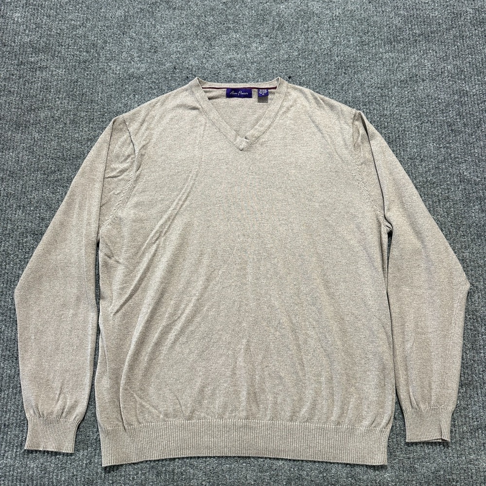Alan Flusser Mens Sweater Size XL Beige Knitted V-Neck Pullover Long Sleeve